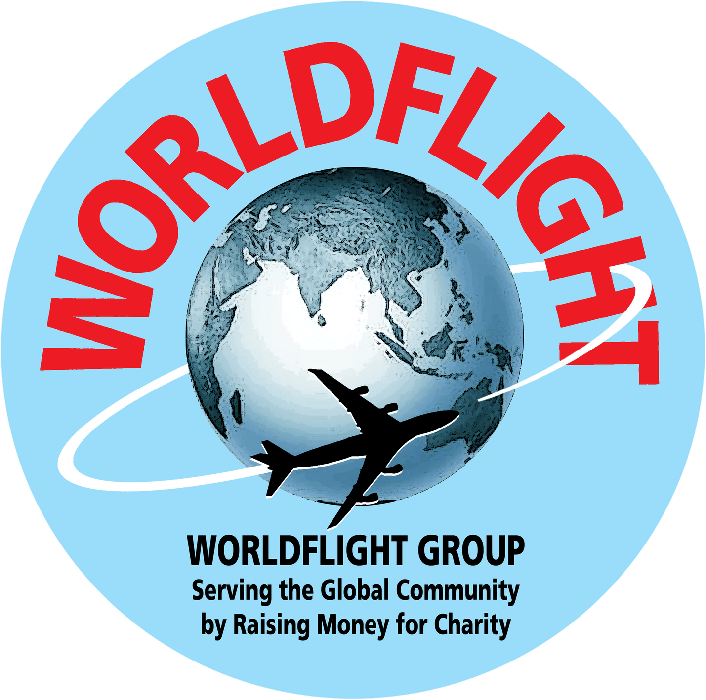 WorldFlight logo. WorldFlight group. Serving the global community by raising money for charity.