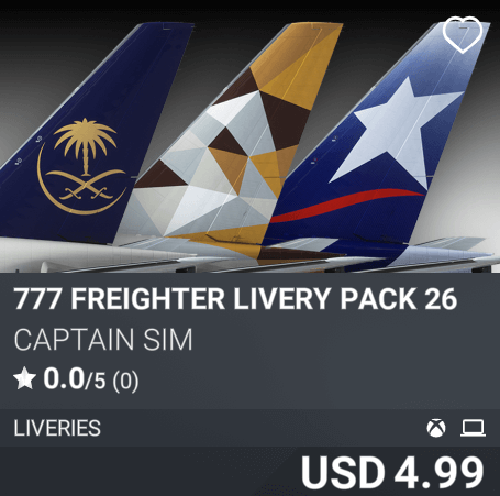 777 Freighter Livery Pack 26 by Captain Sim. USD 4.99