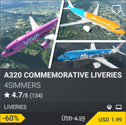 A320 Commemorative Liveries by 4Simmers. USD 4.99