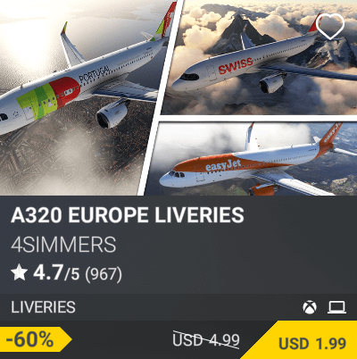 A320 Europe Liveries by 4Simmers. USD 4.99