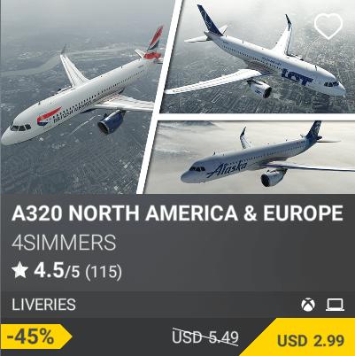 A320 North America & Europe Liveries by 4Simmers. USD 5.49
