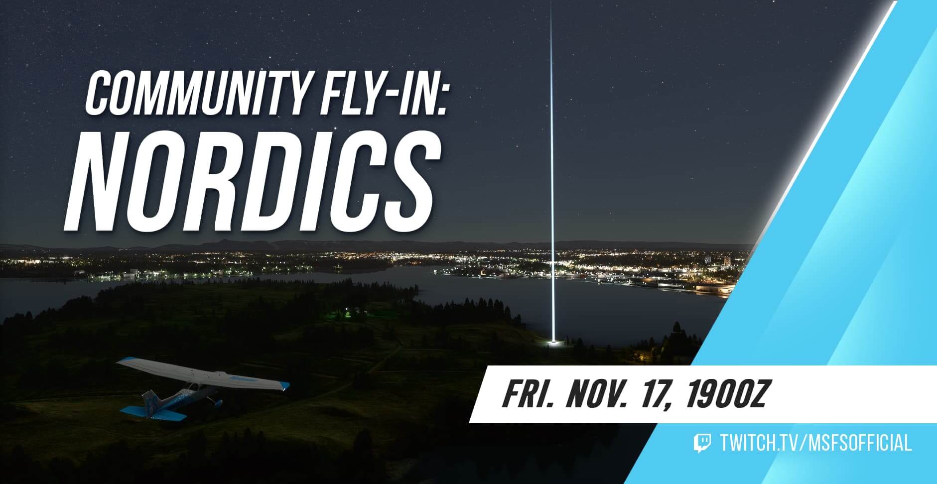Community Fly-In: Nordics. Friday 17th November 2023 at 19:00z. www.twitch.tv/msfsofficial