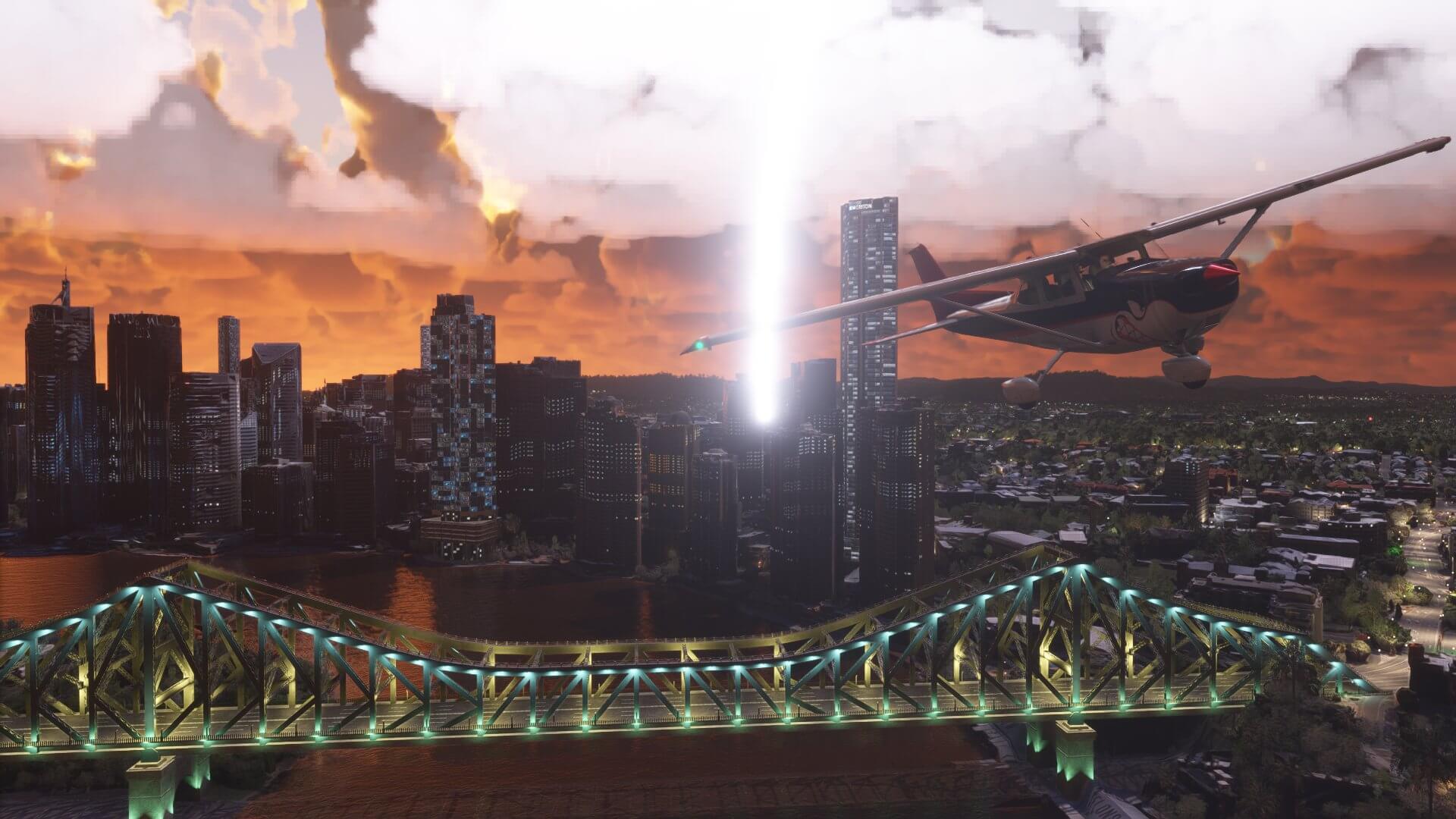 A Cessna 172 flies down a cityscape river and over the top of a bridge, with lightning striking behind.