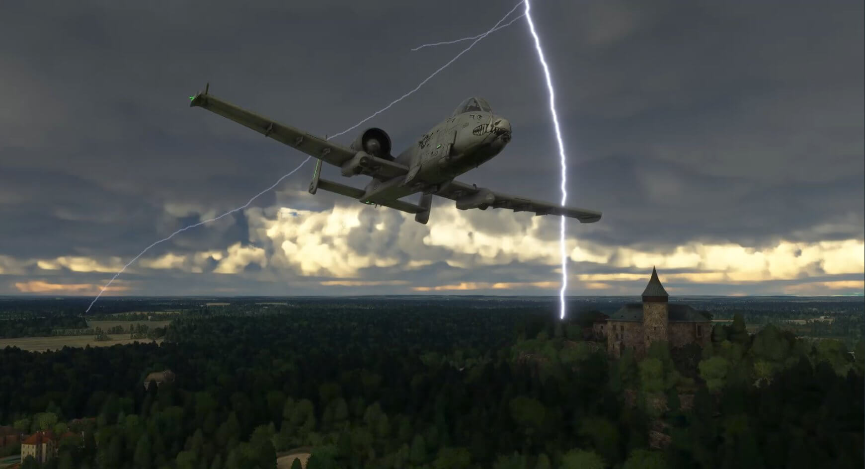 An A-10 Thunderbolt flies underneath stormy overcast clouds with a castle behind its left wing, where lightning is striking.