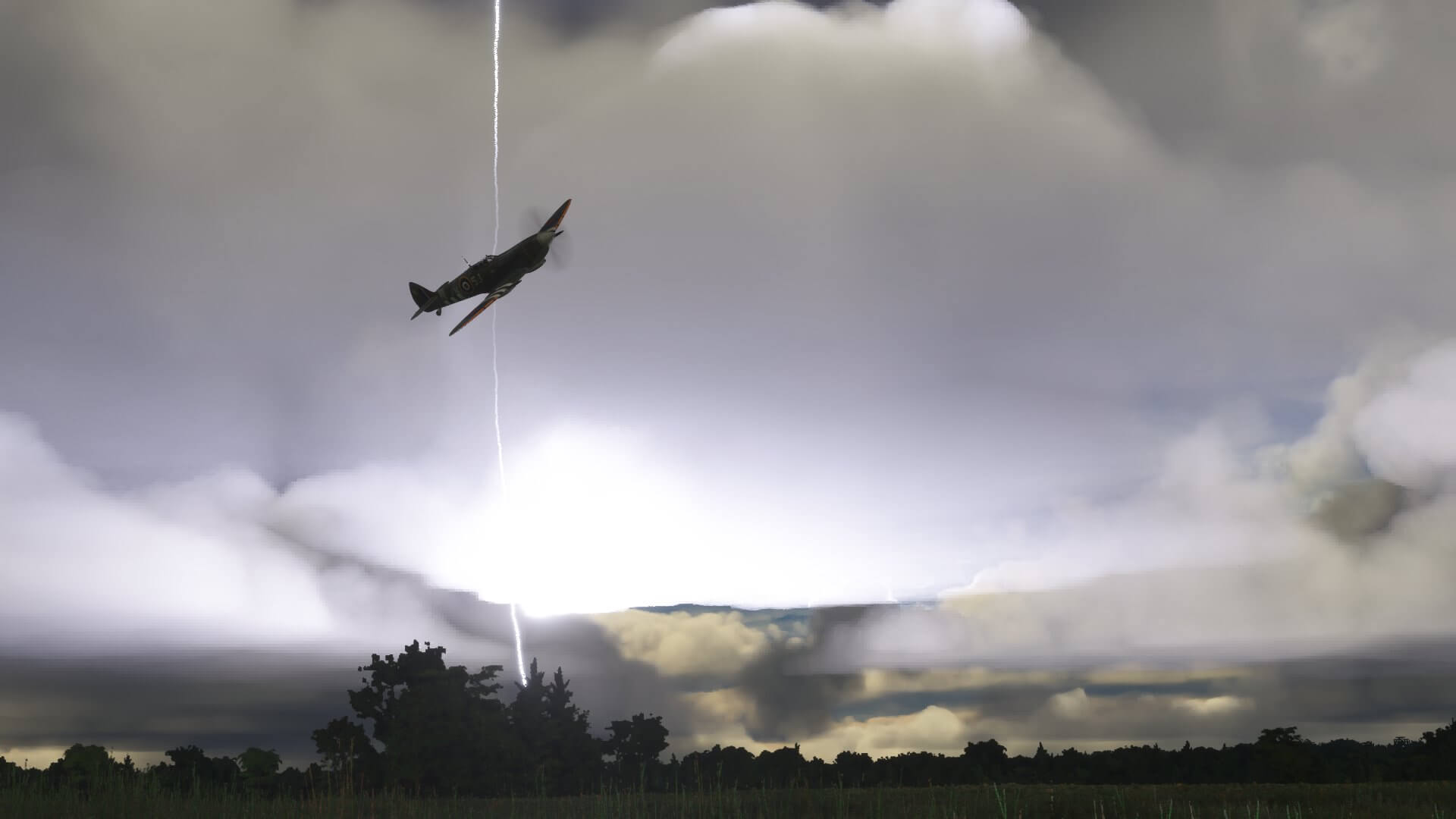 A World War 2 fighter banks to the right passing low over flat fields, as lightning erupts from overcast clouds above.
