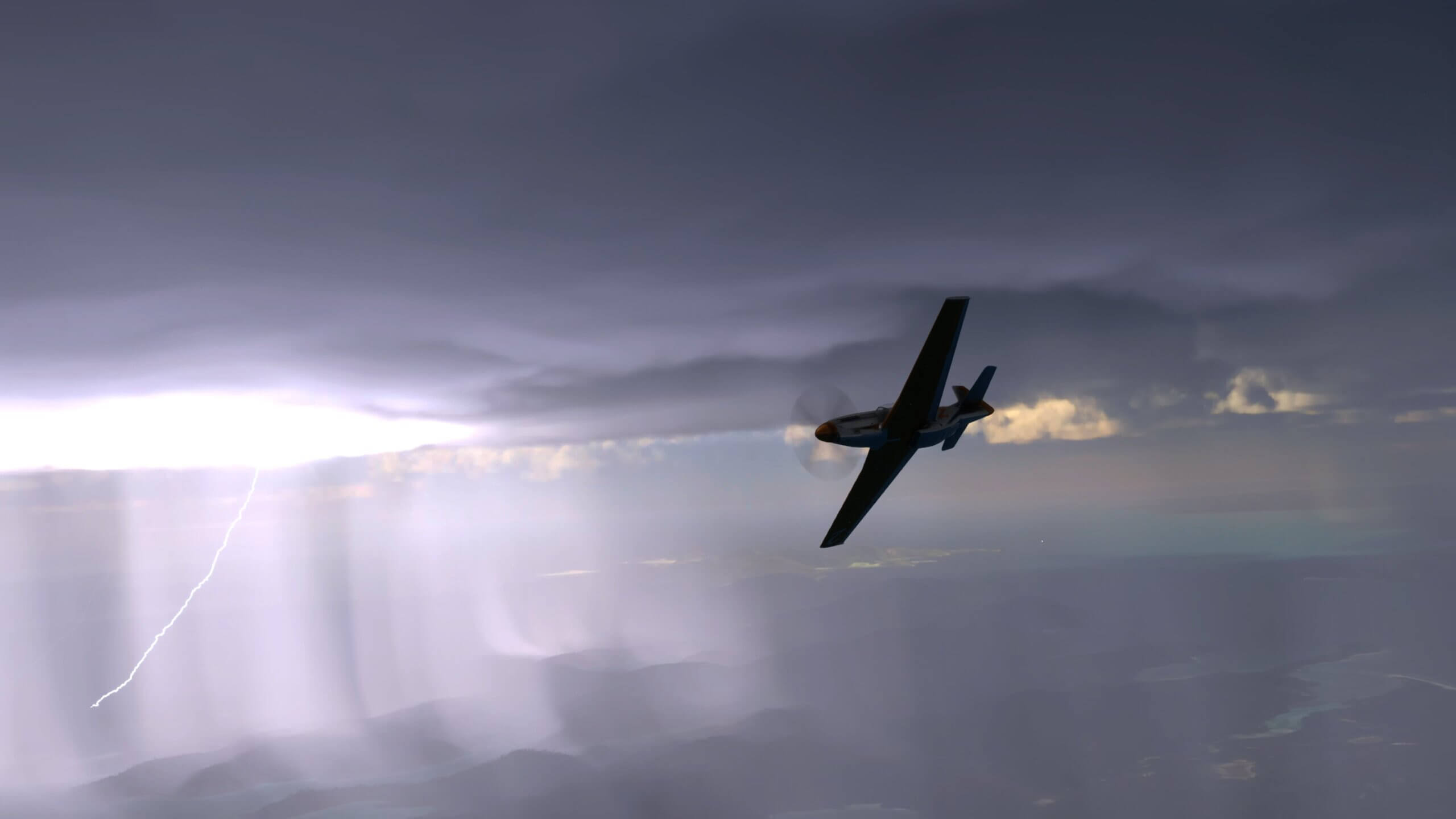 A P-51 banks harshly to the right underneath overcast clouds, as rain showers get lit up by lightning.