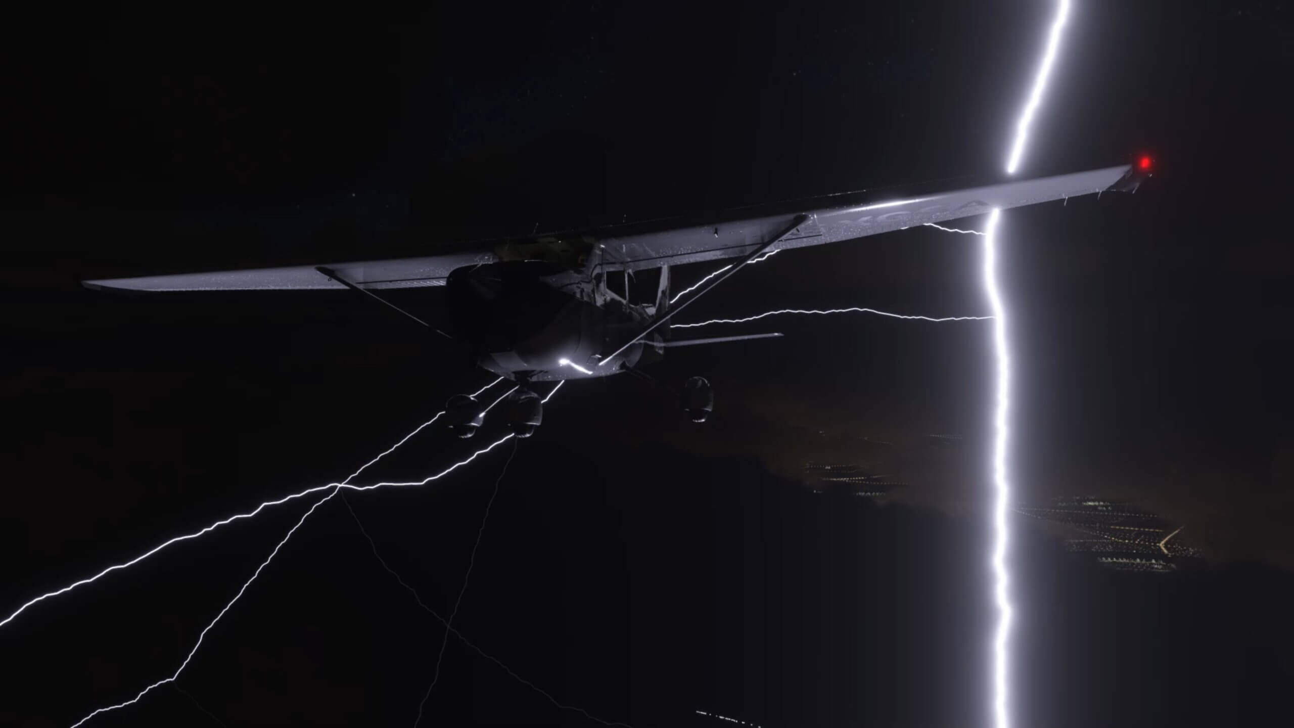 A Cessna 172 comes within close range of a lightning strike, with the bright flash illuminating the underside of the aircrafts wing.