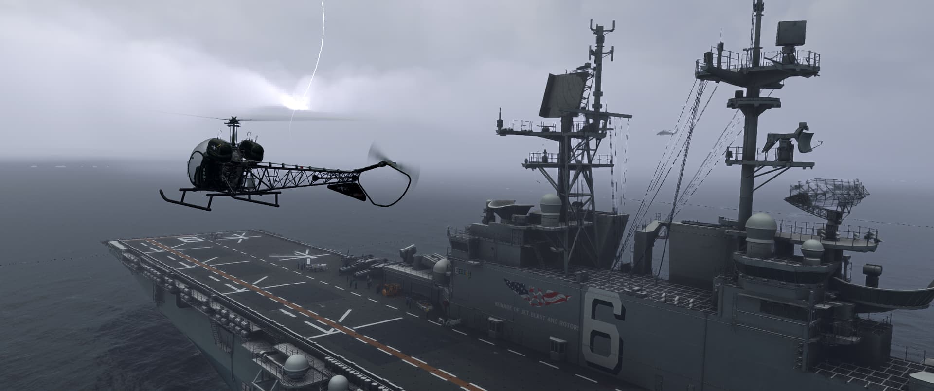 A small military helicopter flies above the deck of a warship, with lightning striking the sea ahead.