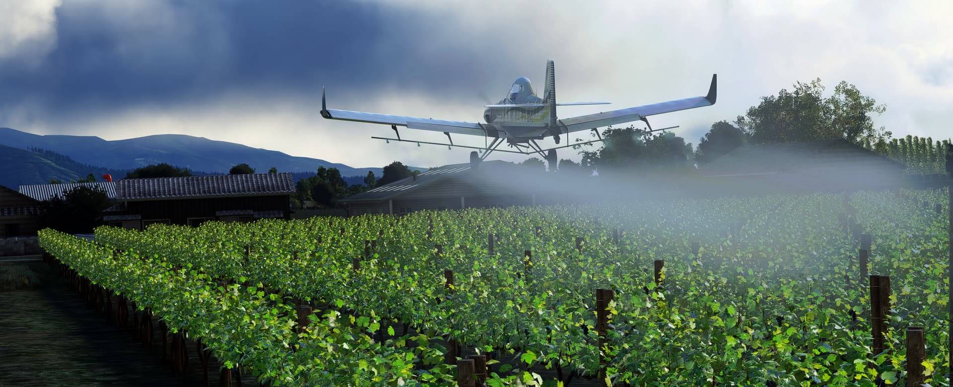 A crop duster flies low over a field spraying fertiliser on crops below.