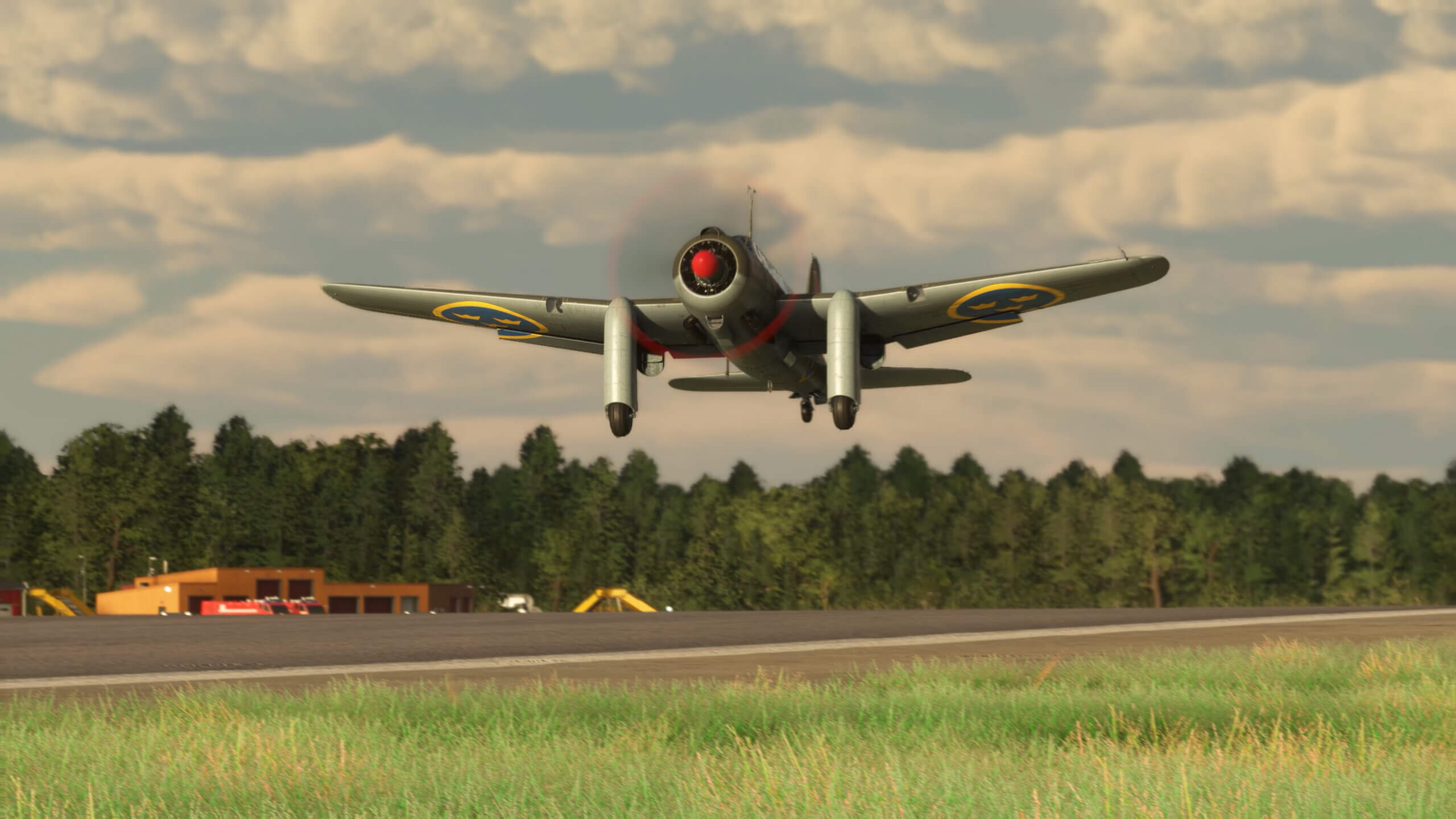 A Saab B 17 at low altitude about to land