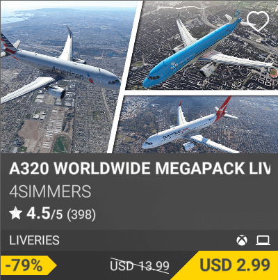 A320 Worldwide Megapack Liveries by 4Simmers USD 2.99