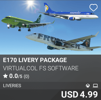 E170 Livery package by Virtualcol FS Software. USD 4.99
