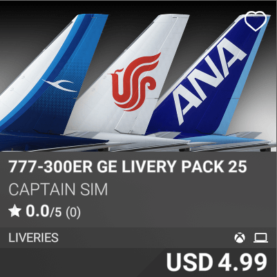 777-300ER GE Livery Pack 25 by Captain Sim. USD 4.99