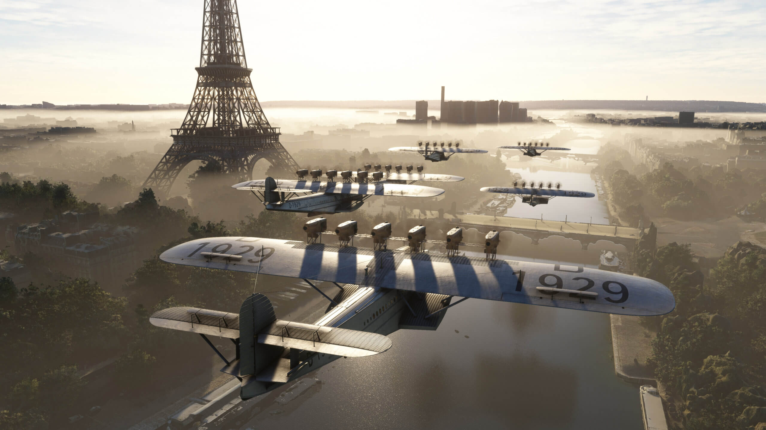 Six Dornier Do X aircraft pass the Eiffel Tower in Paris, France