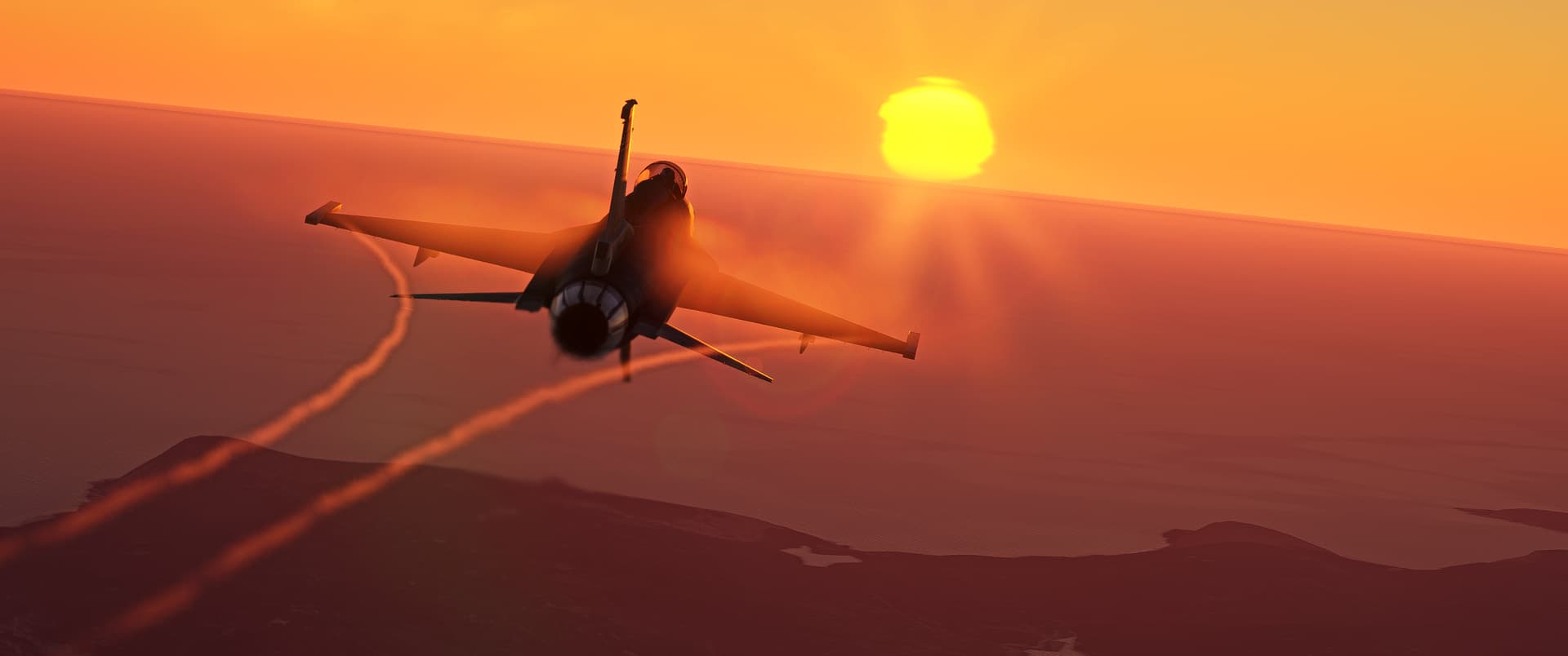 An F-16 cruises towards a sunset straight ahead