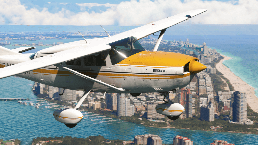 Cessna 207 flying above a city