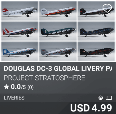 Douglas DC-3 Global Livery Pack by Project Stratosphere. USD 4.99