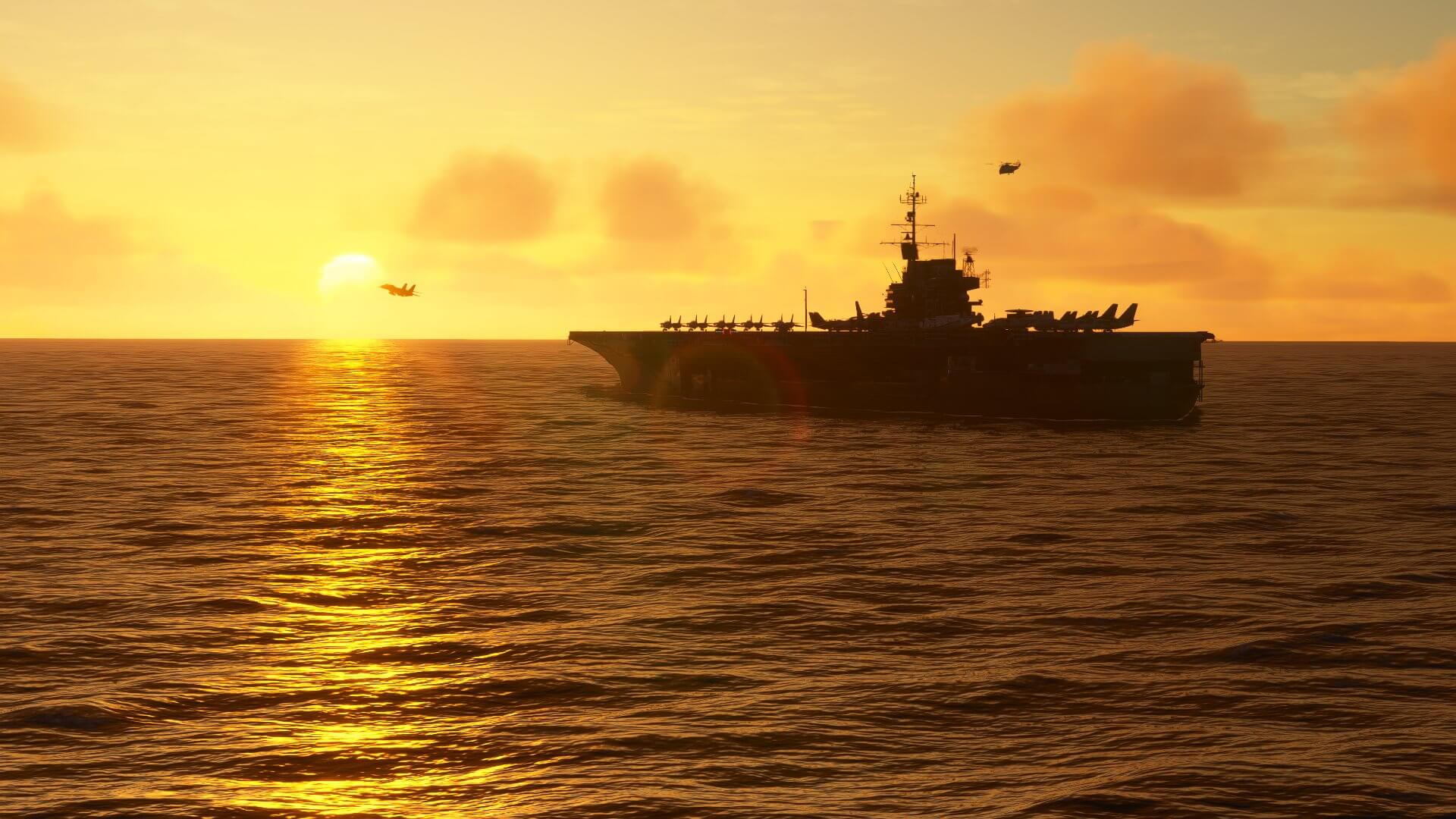 An Aircraft Carrier with multiple aircraft flying close by