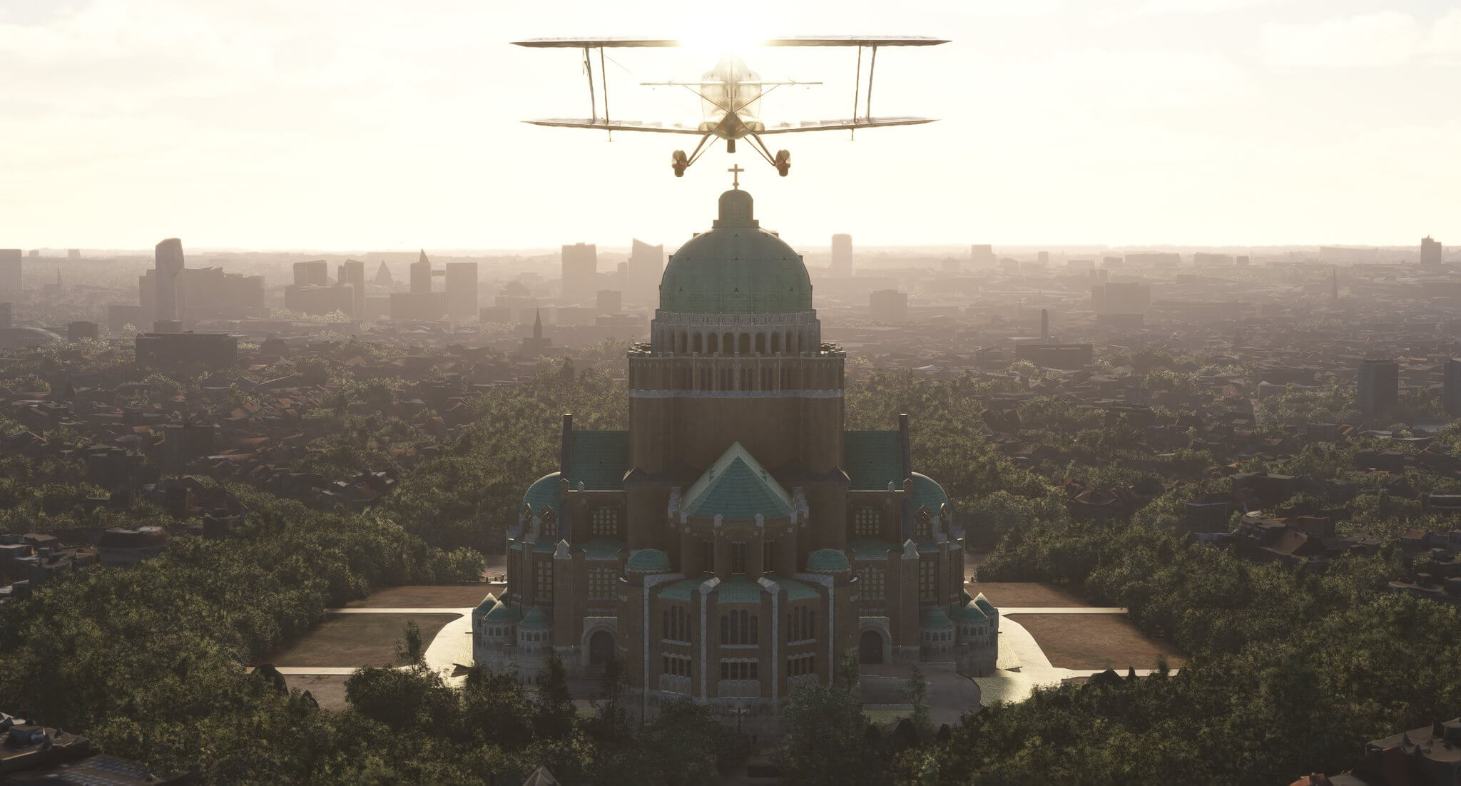 A bi-plane passes over the National Basilica of the Sacred Heart in Brussels, Belgium