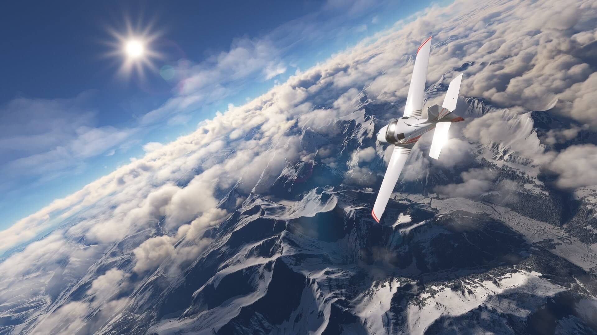 A low wing GA aircraft passes at high altitude above the alps