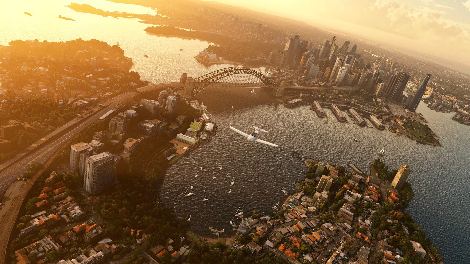 A general aviation aircraft crosses through the Sydney city scape and passed the Harbour Bridge