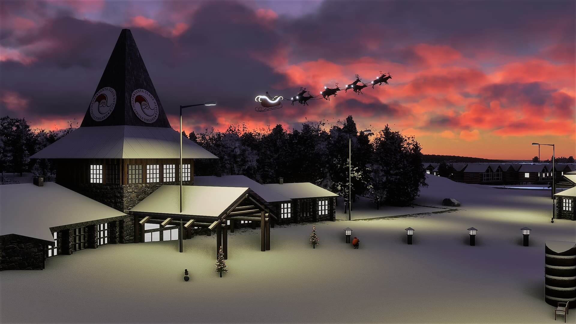 Santa and his sleigh fly over Lapland, Finland.