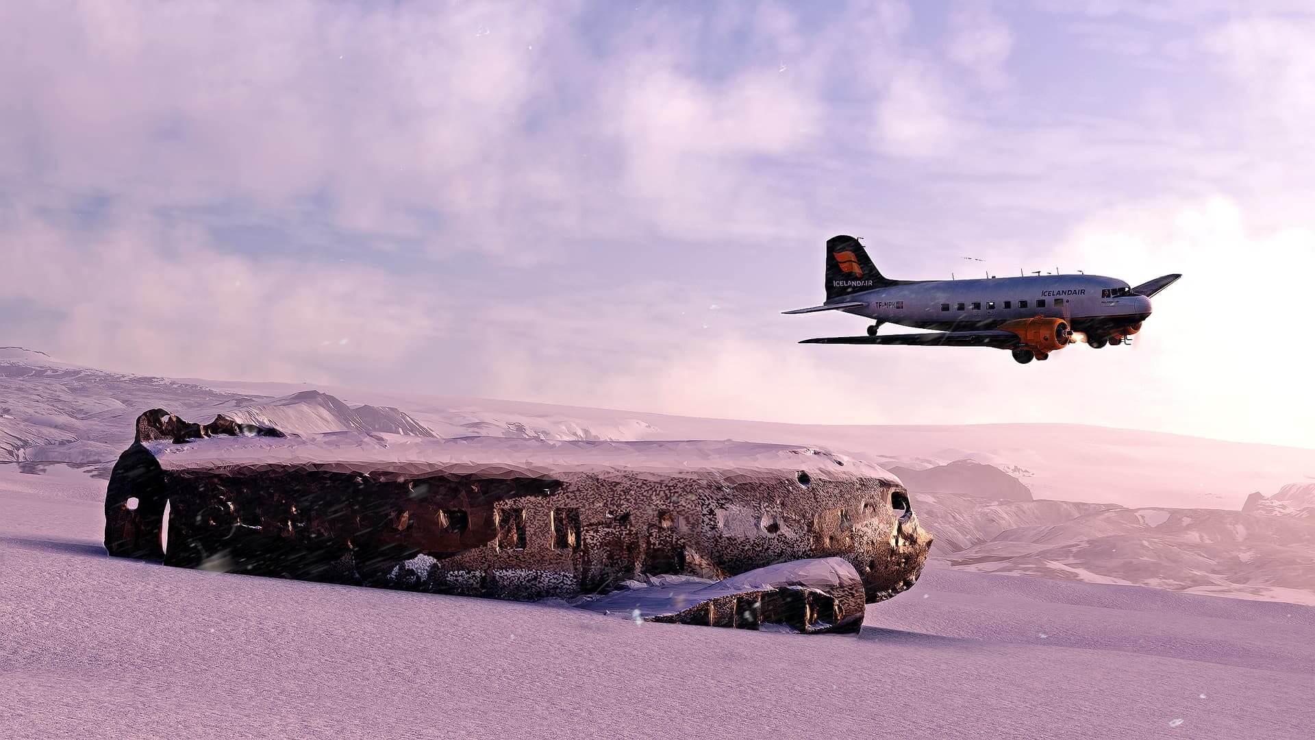 An Icelandair Dc-3 passes over a plane wreckage covered in ice and snow.