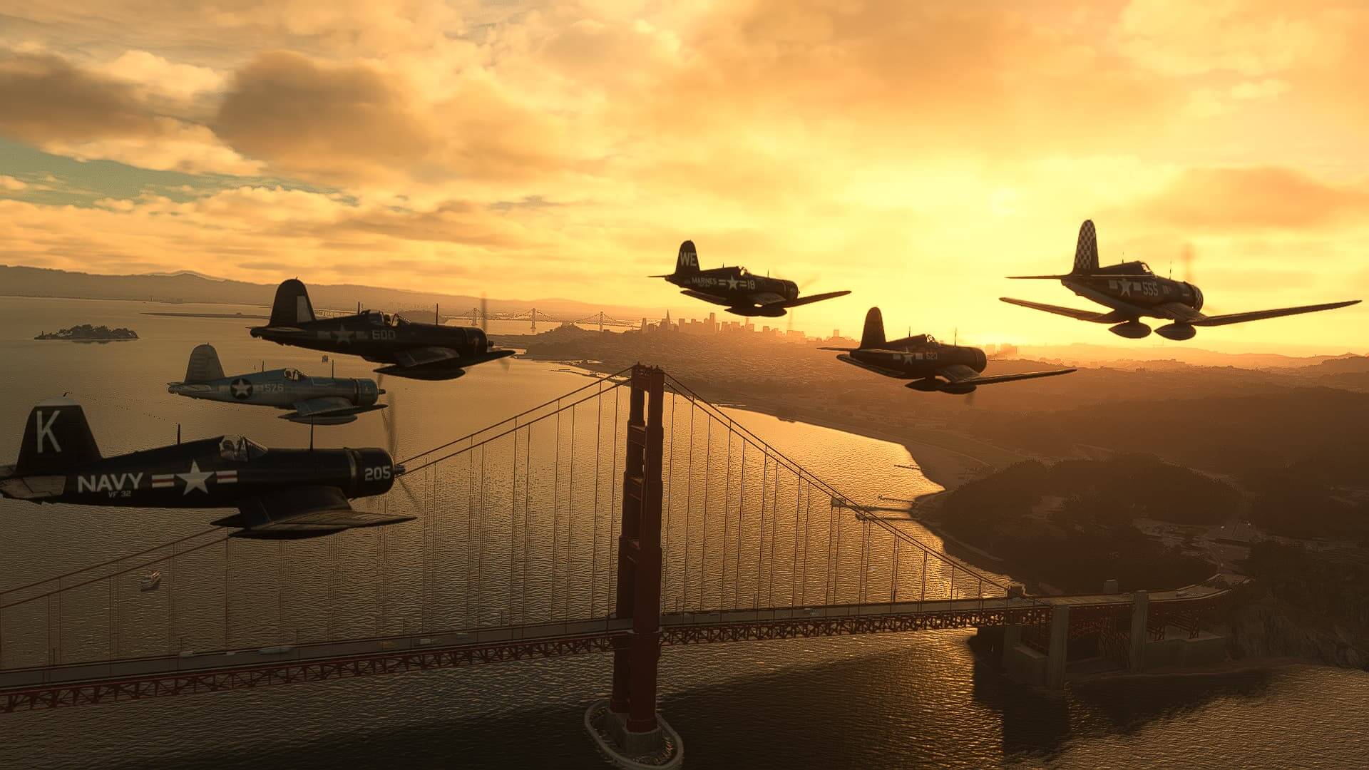 A group flight of warbirds passes over the Golden Gate Bridge