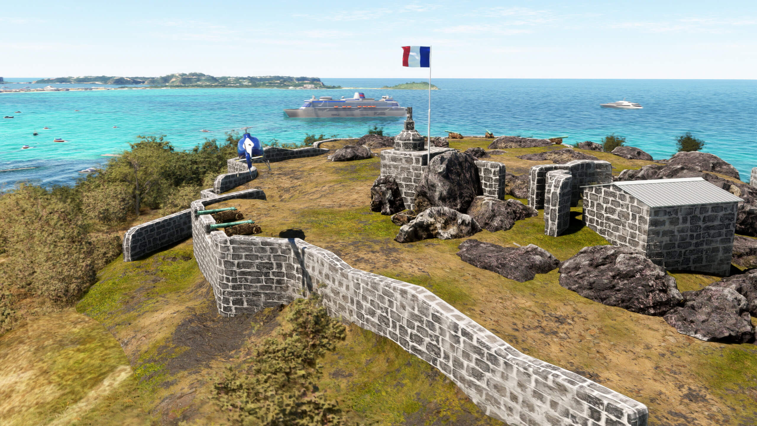 An old fort with a French flag