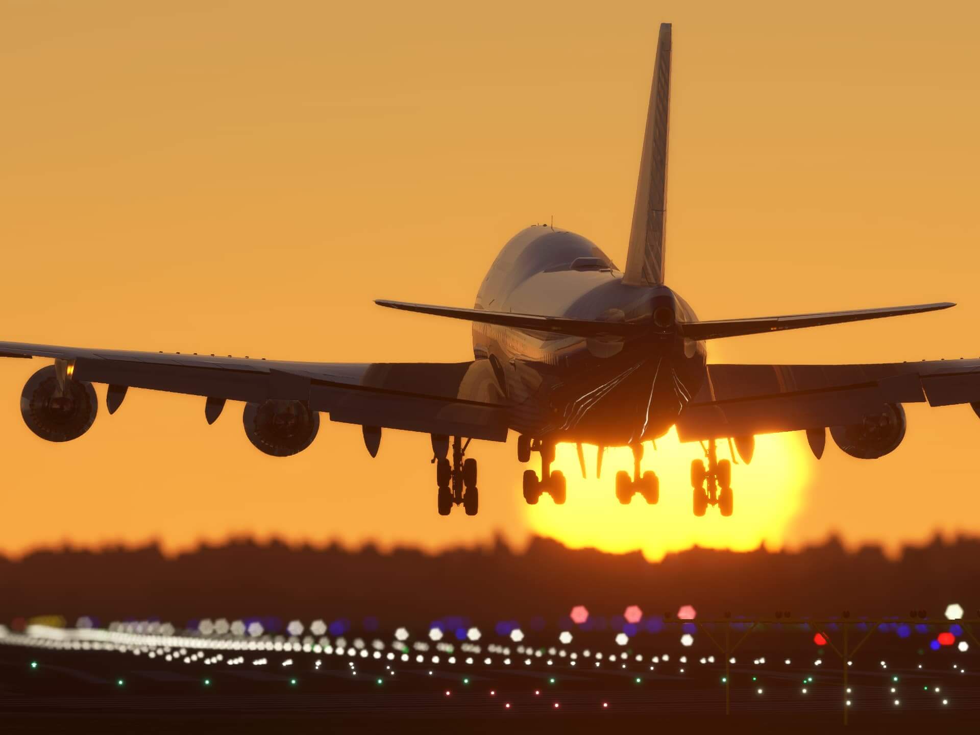 A Boeing 747-8 moments from touchdown on a runway