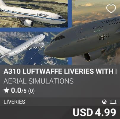 A310 Luftwaffe Liveries with MRTT Pods by Aerial Simulations. USD 4.99