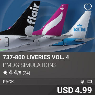 737-800 Liveries Vol. 4 by PMDG Simulations. USD 4.99