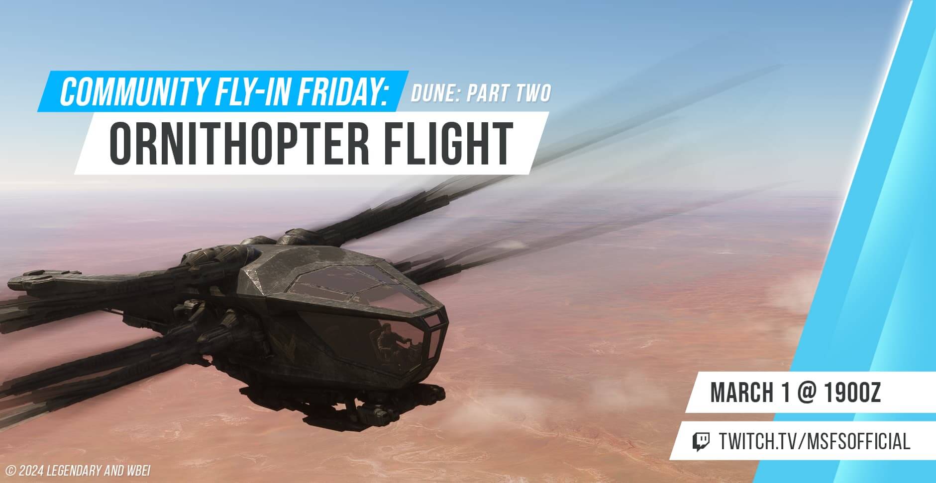 Community Fly-In Friday: Ornithopter Flight. March 1st at 1900 UTC. twitch.tv/msfsofficial