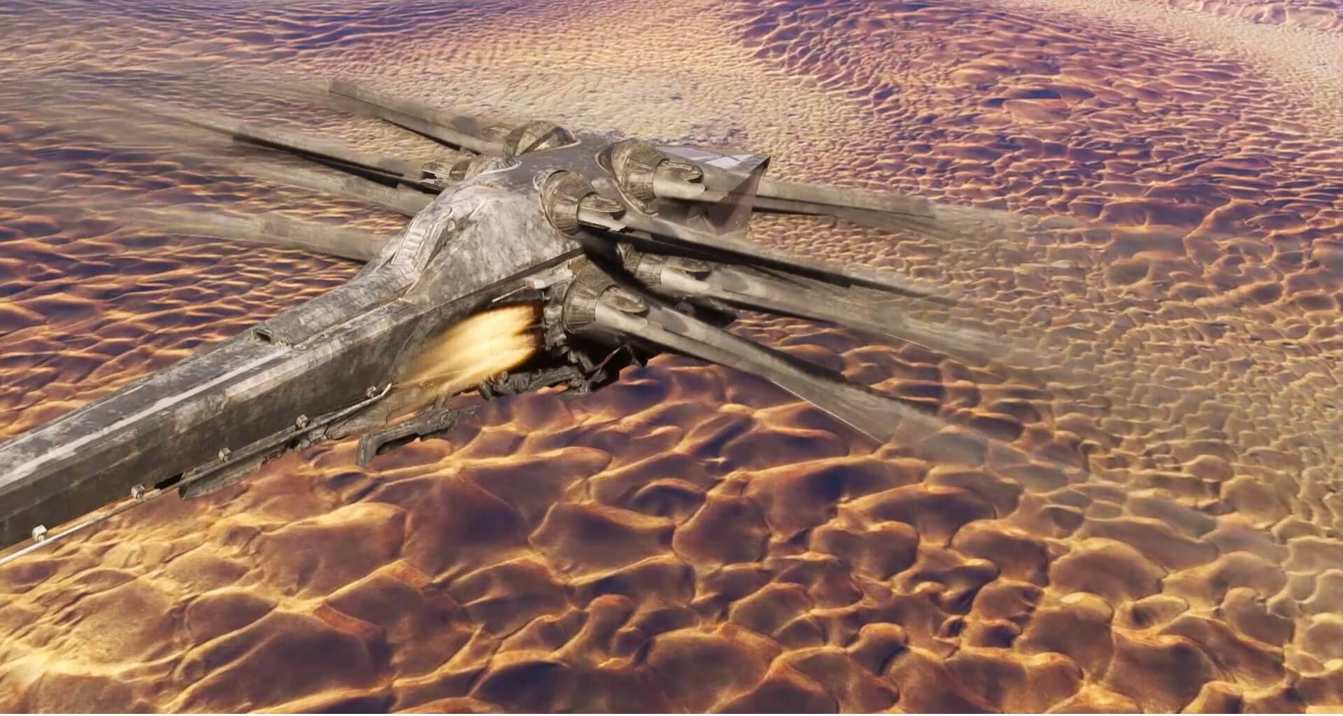 The Ornithopter flies with afterburners engaged and wings flapping above the desert.