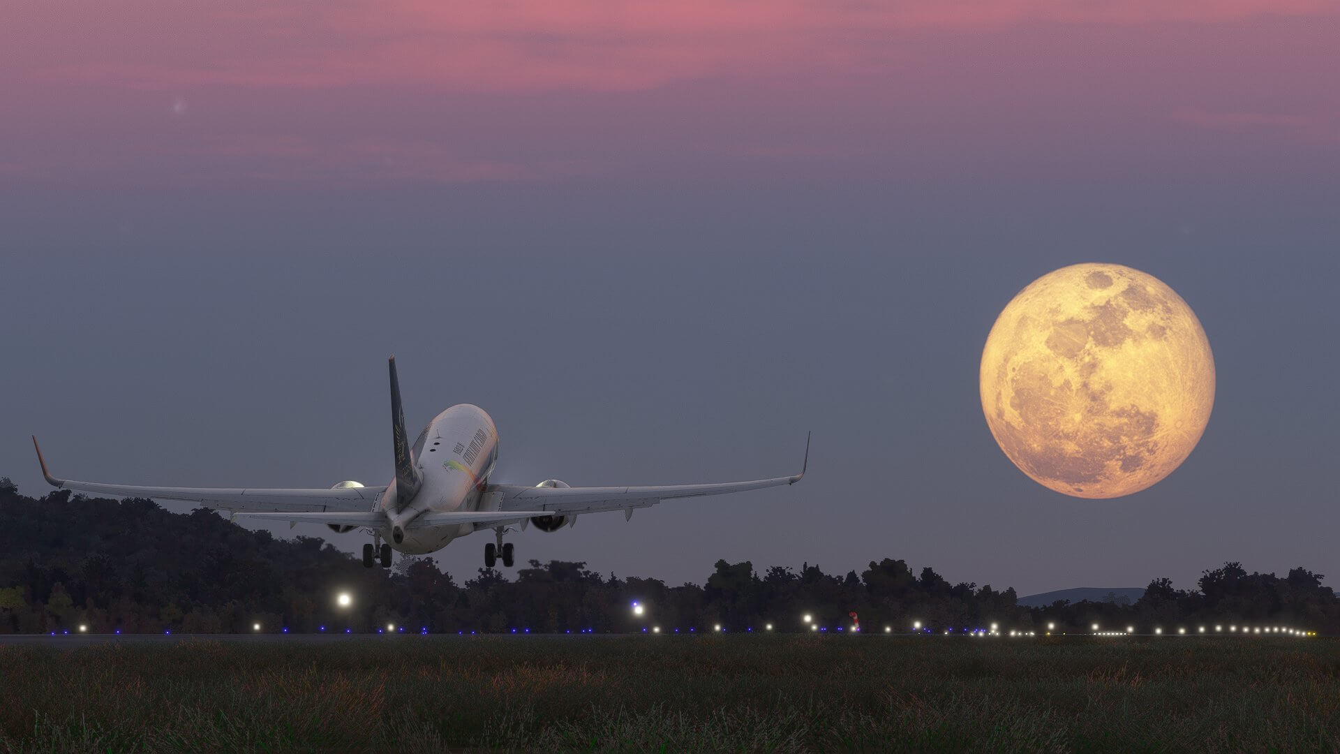 A Boeing 737 rotates and lifts off from the runway towards a full moon in the distance.