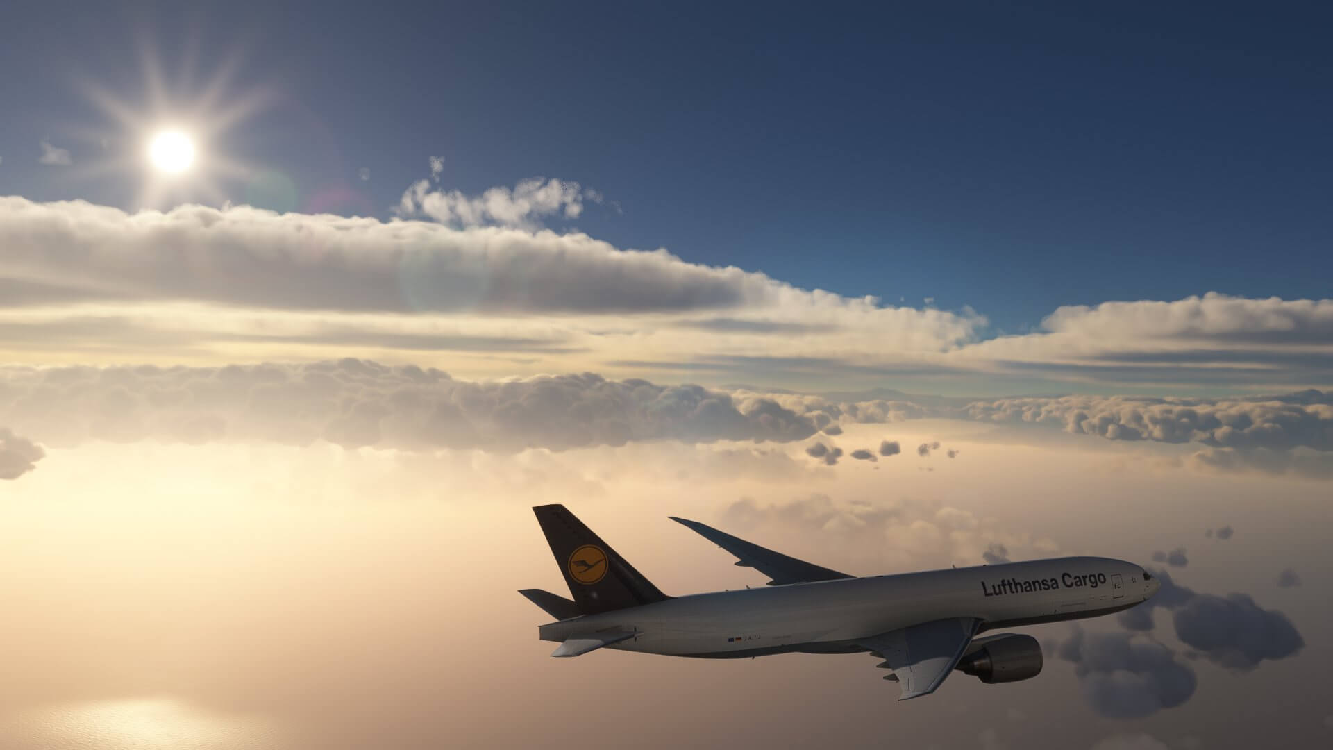 A Lufthansa Cargo Boeing 777 cruises above multiple cloud layers.
