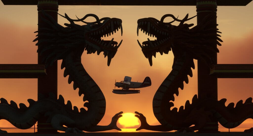 A propeller aircraft with water floats banks left at low altitude, whilst the setting sun on the horizon is framed by two dragon ornaments.