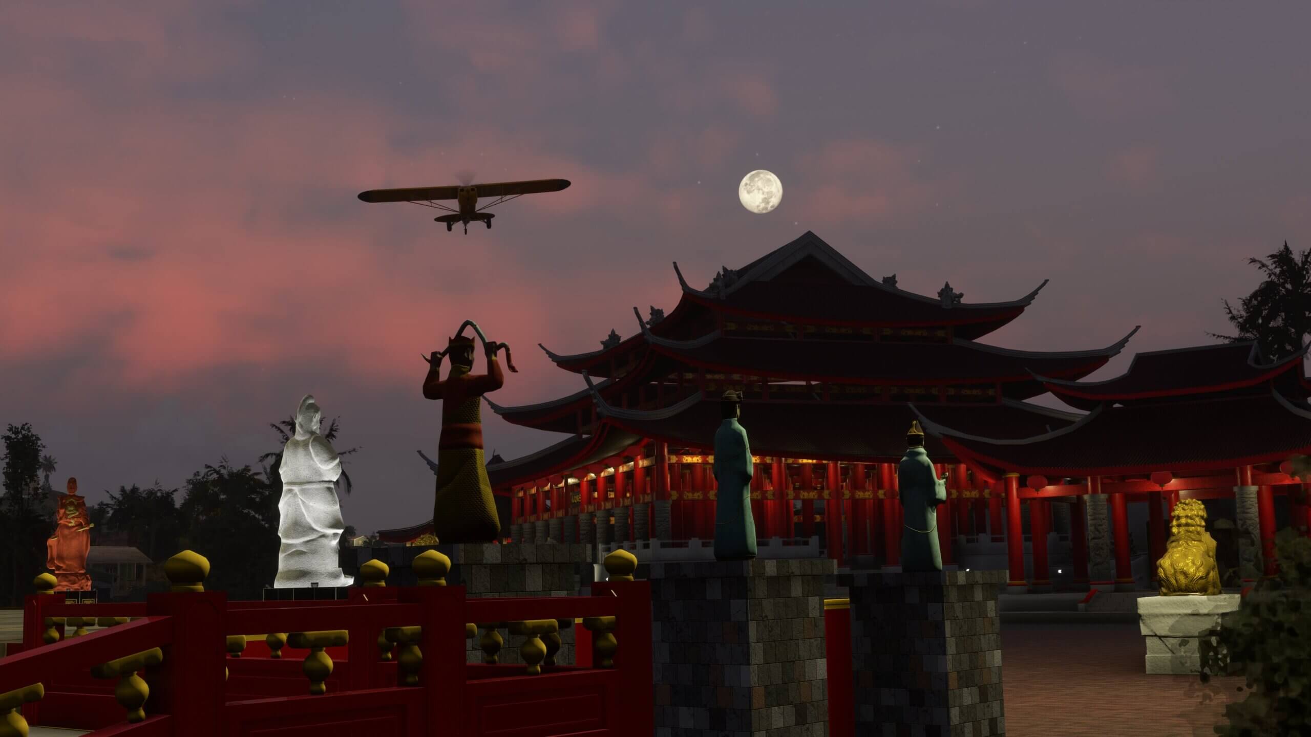 A general aviation aircraft flies above a Chinese temple, with the moon casting light from above.