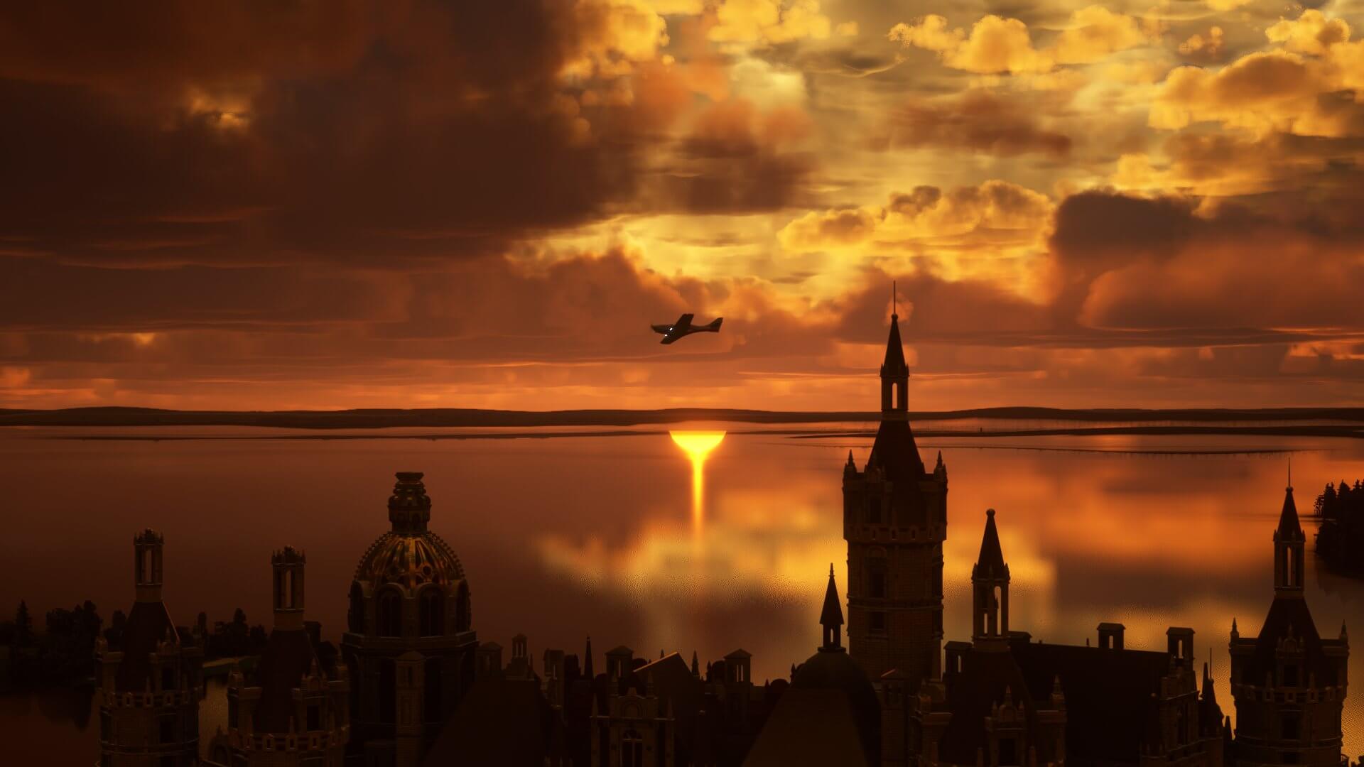 A GA aircraft passes over water, with the silhouette of a city in the foreground during golden hour.