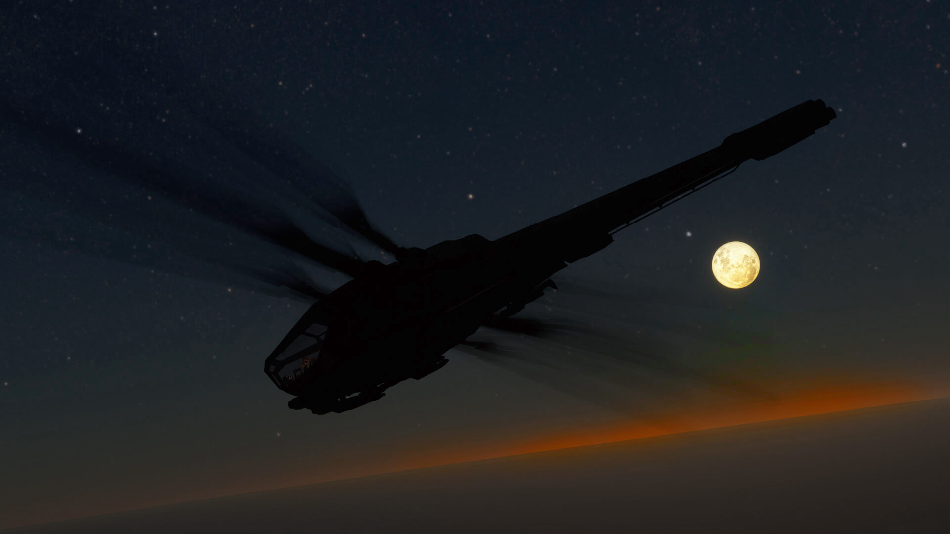 The Dune 2 Ornithopter with wings spread banks right over the ocean with the moon seen far in the distance.