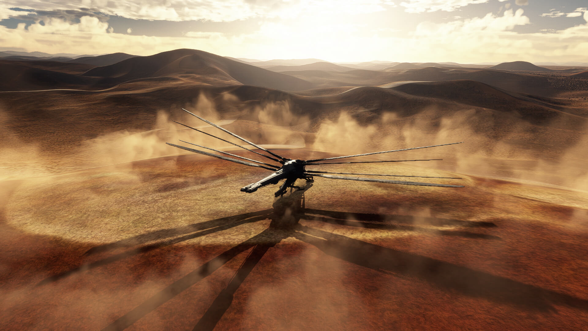 The Ornithopter picks up dust whilst making a desert landing.