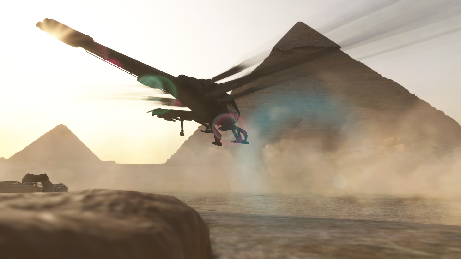 The Ornithopter flies close to the ancient pyramids in Cairo, Egypt.