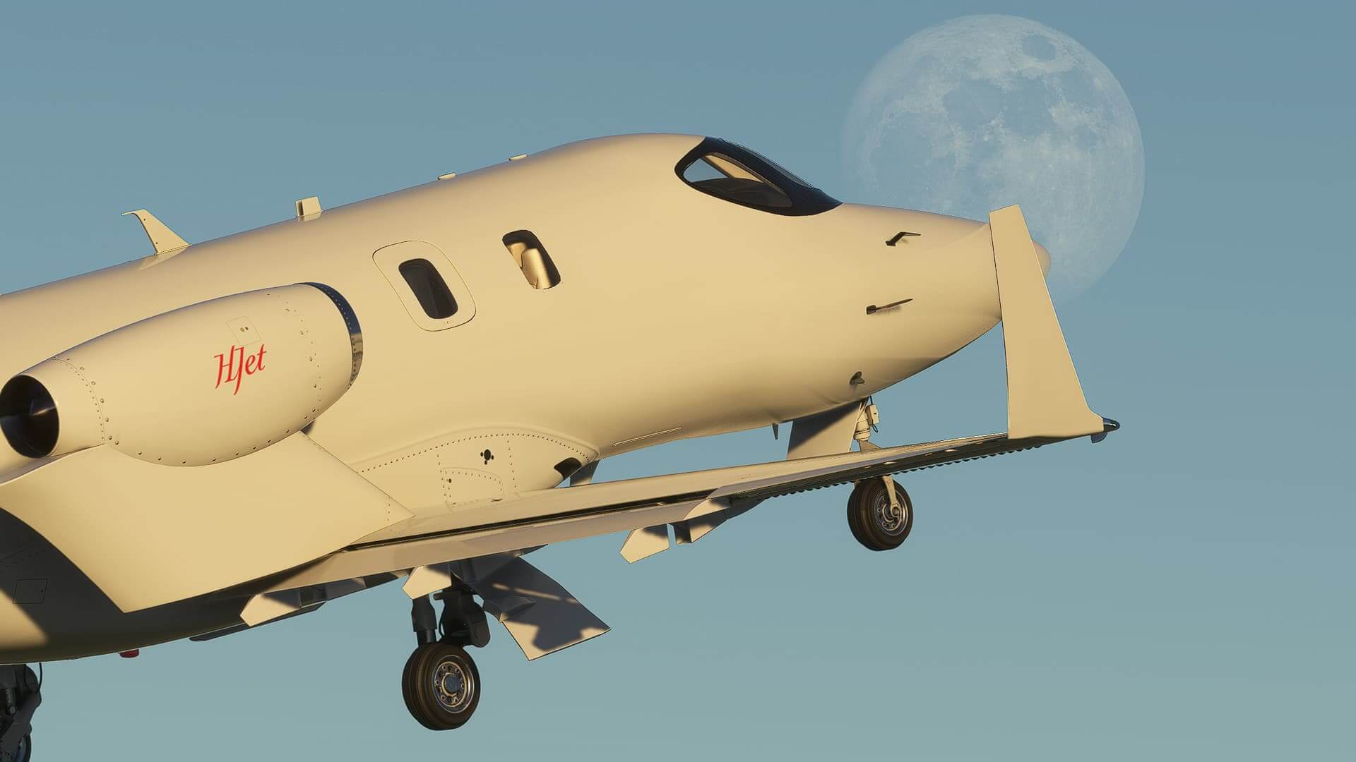 A HondaJet taking off with the moon set behind.
