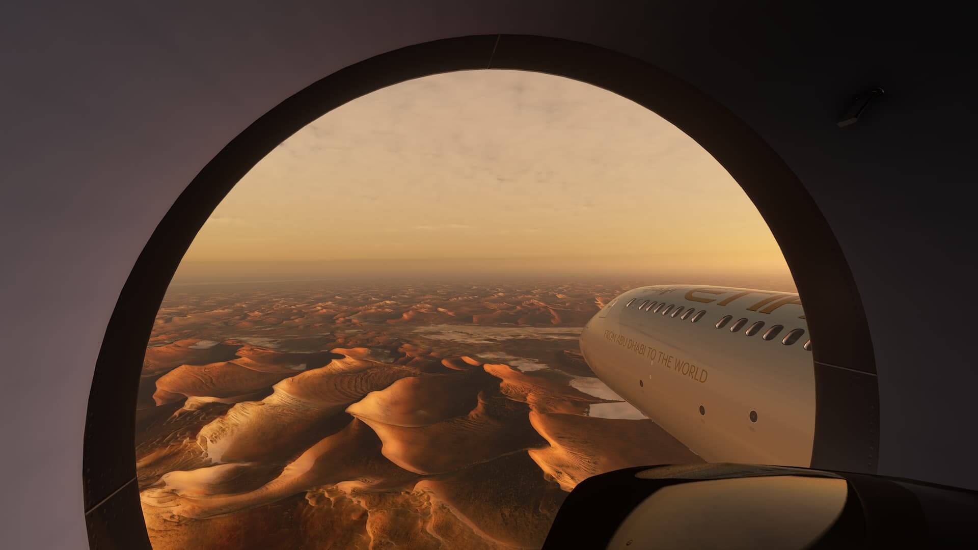 A view taken from inside the left engine of an Etihad airliner, which is banking right above the desert.