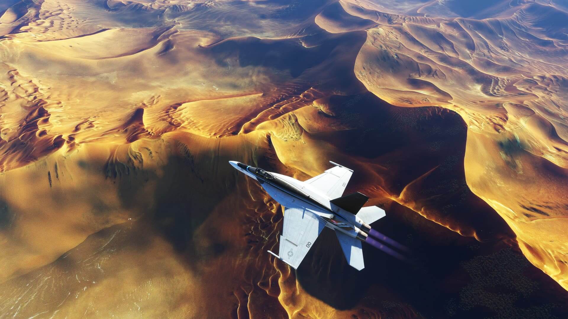 The F/A-18 Hornet in Maverick paint scheme cruises with afterburner engaged above the desert.
