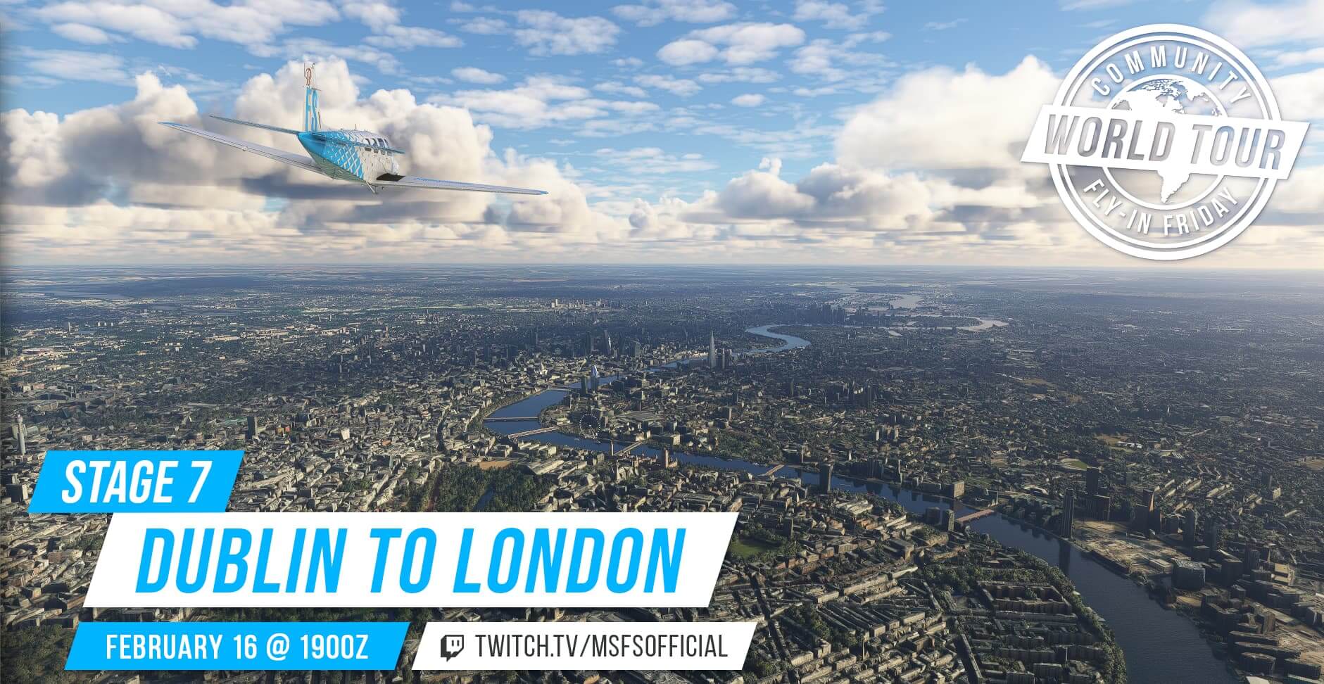 Community Fly-In Friday: Dublin to London. February 16 at 1900 UTC. twitch.tv/msfsofficial