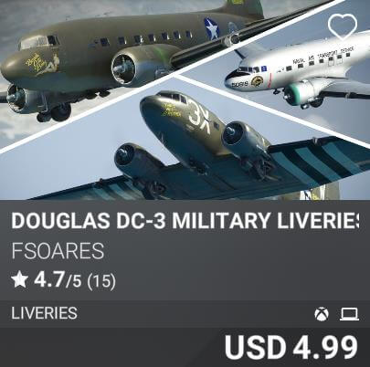 Douglas DC-3 Military Liveries Pack by FSoares. USD 4.99