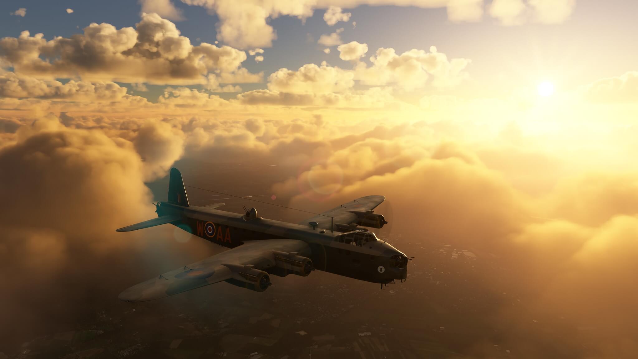 A Lancaster WW2 Bomber flies above clouds with the sun setting off to the left hand side.