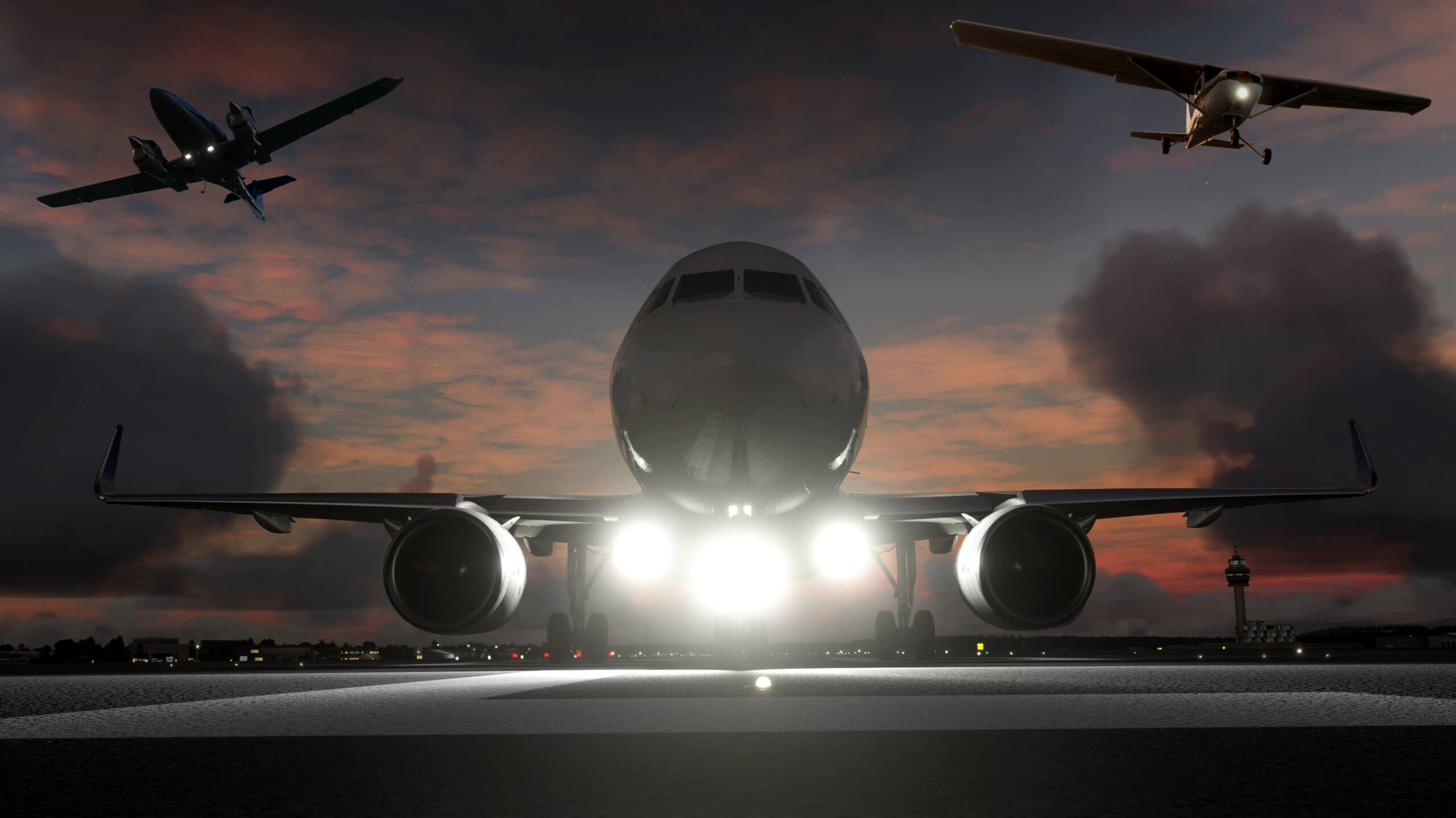 FSAcademy promotional image featuring an airliner, a twin engine prop plane, and a single engine prop trainer