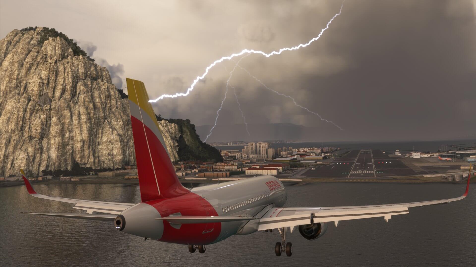 An Iberia Airbus A320 NEO on final approach for runway 09 at Gibraltar, with a lightning strike up ahead.